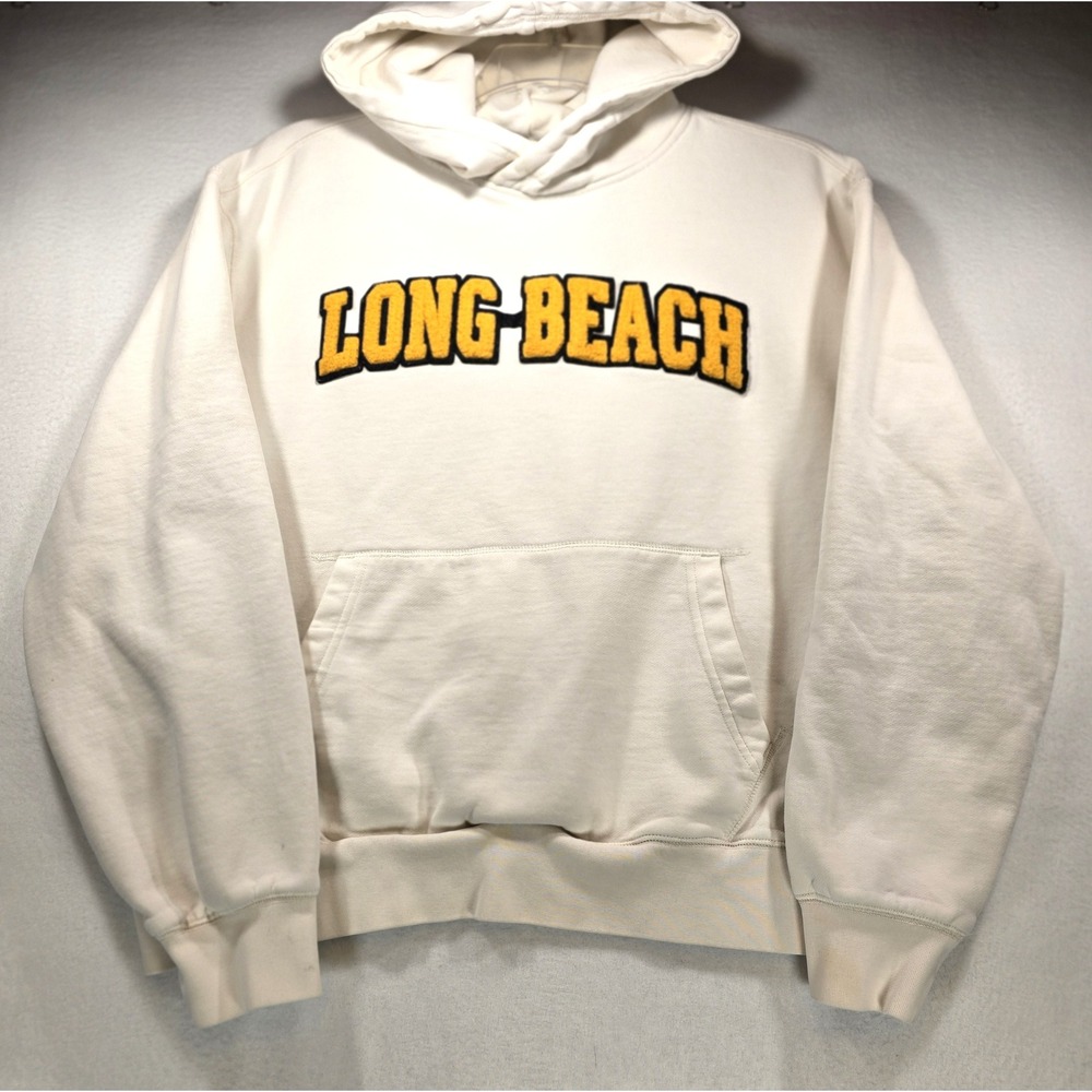 Express Long Beach Hoodie Cream White Varsity Chenille Patch Mens Lrg Sweatshirt